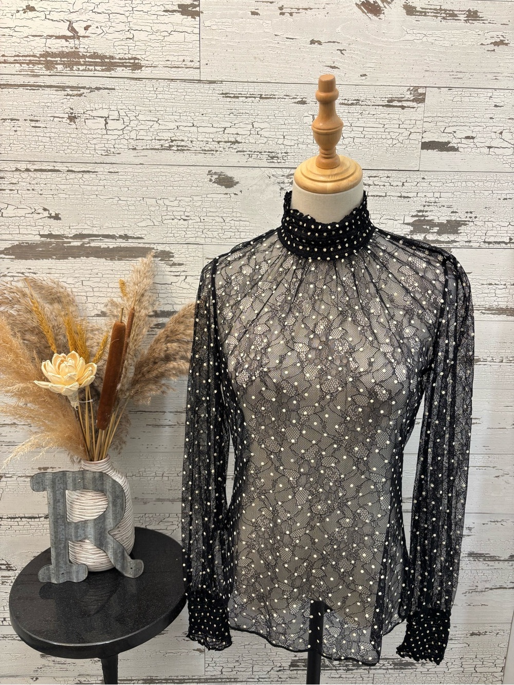 Akris Black Sheer Pearl-Studded Mock Neck Blouse